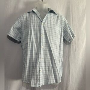 Calvin Klein Men’s Short Sleeve Button-Up – Light Blue Plaid – Small